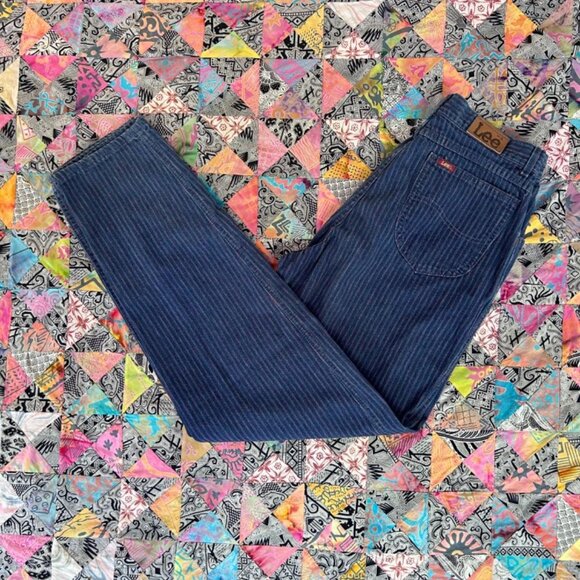 VTG Lee Railroad Pinstripe High Waist Made USA 13 Womens Jeans Leather Patch 80s - Picture 1 of 8